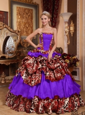 Taffeta and Leopard Strapless Pick-ups Ball Gown Dress in Purple with Ruffled Layers