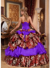 Taffeta and Leopard Strapless Pick-ups Ball Gown Dress in Purple with Ruffled Layers