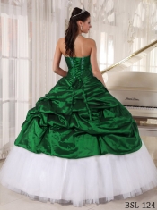 Taffeta and Tulle Green and White Appliques Sweetheart Ball Gown Best Quinceanera Dresses
