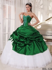 Taffeta and Tulle Green and White Appliques Sweetheart Ball Gown Best Quinceanera Dresses