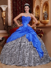 Taffeta and Zebra Blue Sweetheart Beading Ball Gown Dress with Hand Made Flower and Ruching