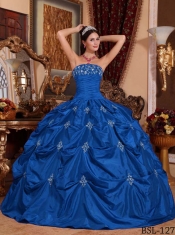 Taffeta Appliques Strapless Pick Ups Ball Gown Dress in Blue