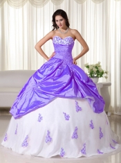 Taffeta Sweetheart Purple And White Ball Gown Floor-length Appliques Quinceanera Dress 2014