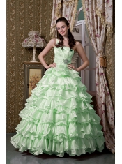 The Most Popular A-line One Shoulder Floor-length Elastic Apple Green Beading Quinceanea Dress