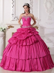 The Most Popular Hot Pink Ball Gown Sweetheart Floor-length Taffeta Quinceanera Dress With Beading and Ruch