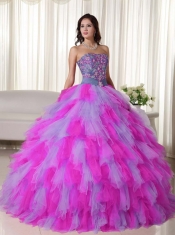The Spuer Hot Multi-color Strapless Lace-up Floor-length Tulle Appliques Quinceanera Dress
