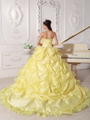 The Super Hot Yellow Ball Gown Strapless Chapel Train Taffeta 2014 Spring Quinceanera Dresses