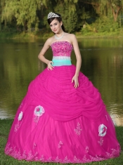Tulle Strapless Hot Pink Pretty Quinceanera Dresses For Girl With Flower Beaded Decorate
