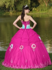 Tulle Strapless Hot Pink Pretty Quinceanera Dresses For Girl With Flower Beaded Decorate