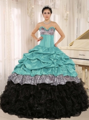 Turquoise and Black Sweetheart Ruffles Taffeta and Leopard Ball Gown Dress with Pick Ups