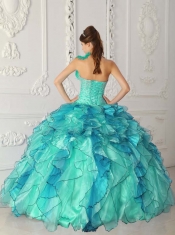 Turquoise Ball Gown Strapless Satin and Organza Beading Quinceanera Dress