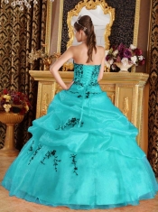 Turquoise Ball Gown Sweetheart 15th Birthday Dresses  Satin and Organza Embroidery