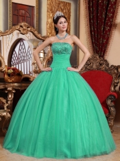 Turquoise Sleeveless Ball Gown Embroidery with Beading Strapless Floor-length Cheap Quinceanera Dresses