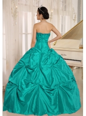 Turquoise Taffeta Ball Gown Dress With Pick ups and Ruching
