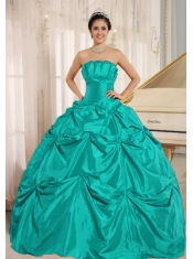 Turquoise Taffeta Ball Gown Dress With Pick ups and Ruching