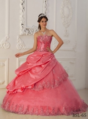 Watermelon A-Line / Princess Sweetheart Floor-length Taffeta and Tulle Beading For Sweet 16 Dresses