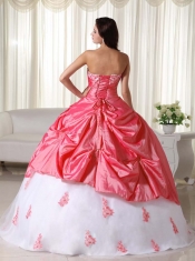 Watermelon And White Ball Gown Sweetheart Floor-length Taffeta Appliques Pretty Quinceanera Dresses