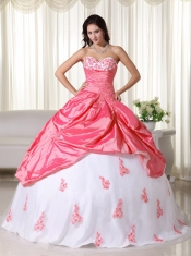 Watermelon And White Ball Gown Sweetheart Floor-length Taffeta Appliques Pretty Quinceanera Dresses