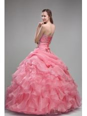 Watermelon Ball Gown Sweet-heart Floor-length Orangza Quinceanera Dress With  Beading and Ruffles