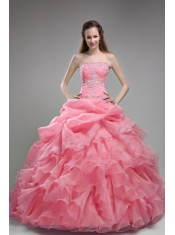 Watermelon Ball Gown Sweet-heart Floor-length Orangza Quinceanera Dress With Beading and Ruffles