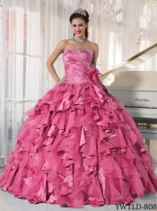 Watermelon Red Sweetheart Beading and Hand Made Flower Ball Gown Organza and Taffeta Best Quinceanera Dresses