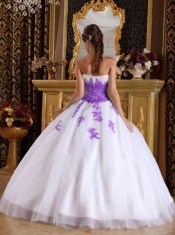 White and Purple Ball Gown Sweetheart 15th Birthday Dresses with  Appliques Organza