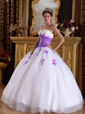 White and Purple Ball Gown Sweetheart 15th Birthday Dresses with Appliques Organza