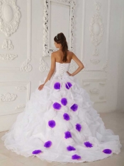 White Ball Gown Strapless Court Train Organza Beading and Hand Flower Pretty Quinceanera Dresses
