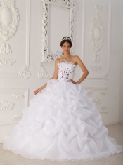 White Ball Gown Strapless Court Train Organza Beading and Hand Flower Pretty Quinceanera Dresses