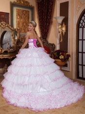 White Ball Gown Strapless With Detachable Train Organza Appliques Quinceanera Dress In New Styles