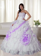 White Ball Gown Sweetheart Court Train Organza Appliques Pretty Quinceanera Dresses