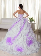 White Ball Gown Sweetheart Court Train Organza Appliques Pretty Quinceanera Dresses