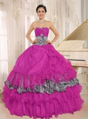 Wholesale Hot Pink Tulle Sweetheart Ruffles Ball Gown Dress With Zebra and Beading