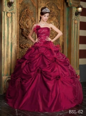 Wine Red Ball Gown Strapless With Taffeta Hand Made Flowers For Sweet 16 Dresses