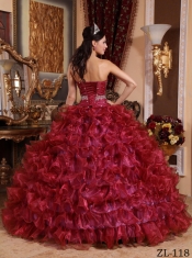 Wine Red Discount Ball Gown With Sweetheart And Organza Beading Quinceanera Dress