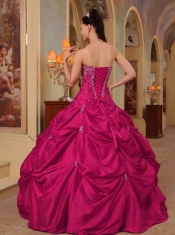 Wine Red Taffeta Strapless With Beading Appliques and Pick Ups Ball Gown Dress