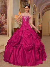 Wine Red Taffeta Strapless With Beading Appliques and Pick Ups Ball Gown Dress