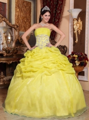 Yellow Ball Gown Strapless 15th Birthday Dresses Organza Appliques