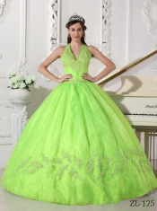 Yellow Green Ball Gown Halter With Appliques For Discount Quinceanera Dress