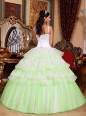 Yellow Green Ball Gown Spaghetti Straps 15th Birthday Dresses with  Organza Lace Appliques