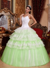 Yellow Green Ball Gown Spaghetti Straps 15th Birthday Dresses with Organza Lace Appliques
