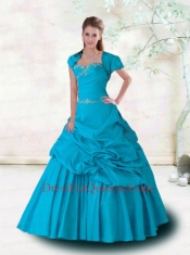 2013 Beading Strapless Blue Appliques and Pick-ups Quinceanera Dress
