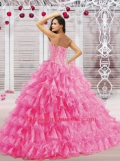 2014 Elegant Sweetheart Organza Rose Pink Quinceanera Dress with Beading