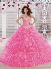 2014 Elegant Sweetheart Organza Rose Pink Quinceanera Dress with Beading