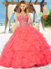 2014 Fashionable Coral Red Quinceanera Dresses with Appliques and Ruffles