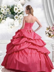 2014 Popular Coral Red Quinceanera Dress with Pick-ups and Hand Made Flowers
