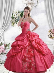 2014 Popular Coral Red Quinceanera Dress with Pick-ups and Hand Made Flowers