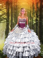 2015 Ball Gown Strapless Silver Quinceanera Dress with Ruffled Layers