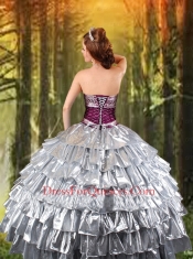 2015 Ball Gown Strapless Silver Quinceanera Dress with Ruffled Layers