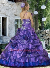 2015 Latest A-line One Shoulder Appliques and Hand Made Flowers Quince Dress in Purple